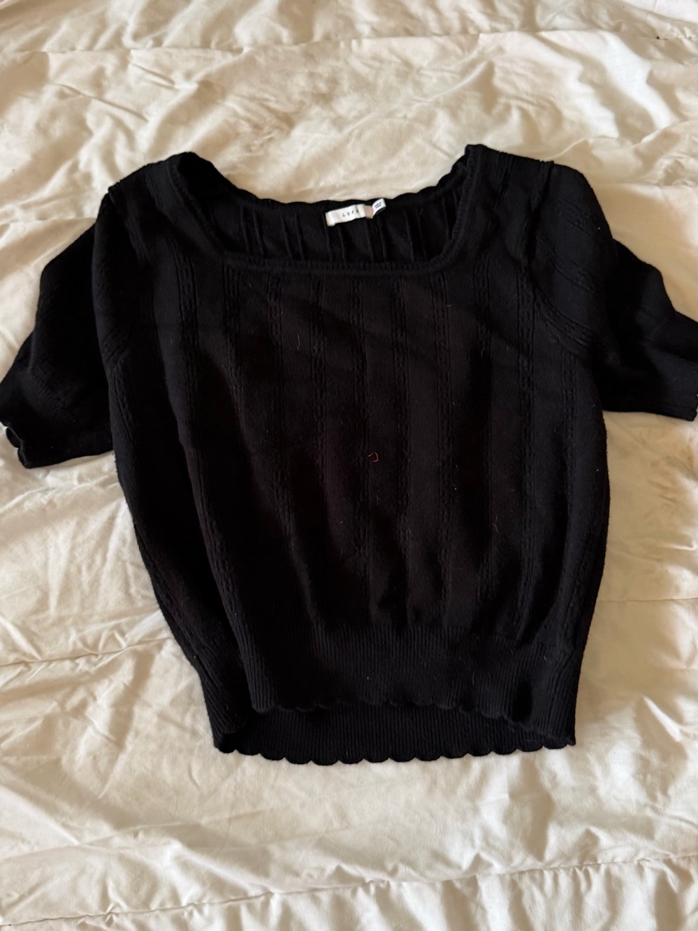 Lush Black Short-Sleeve Knit Top with Square Neck